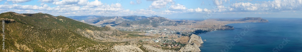 View towards Sudak from Sokol (Falcon) Mountain, Crimea, Russia.