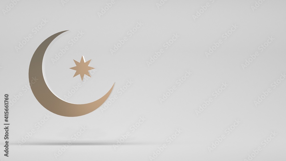 Gold crescent, gold star. White background. Ramadan. Muslim holiday. Festive rectangular banner. 3d render. Gold crescent, gold star. White background. Ramadan. Muslim holiday. Festive rectangular banner. 3d render.