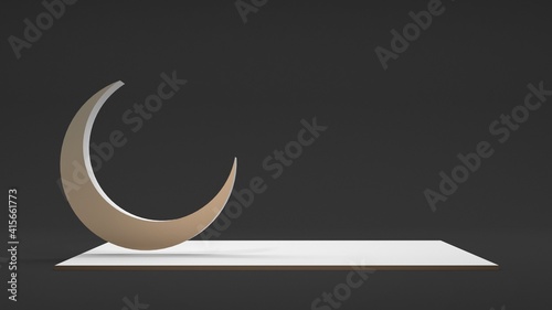 Gold crescent, white rectangular podium. Stands for demonstration of products and goods. Black background. Ramadan. Muslim holiday. Festive rectangular banner. 3d render. 