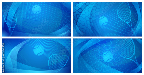 Set of four abstract tennis backgrounds with ball and racket in blue colors