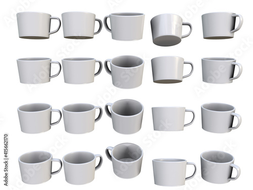 3D RENDER ILLUSTRATION. Perspective ceramic coffee drink cups. Empty blank texture pattern object. Clipping path on isolated white background.