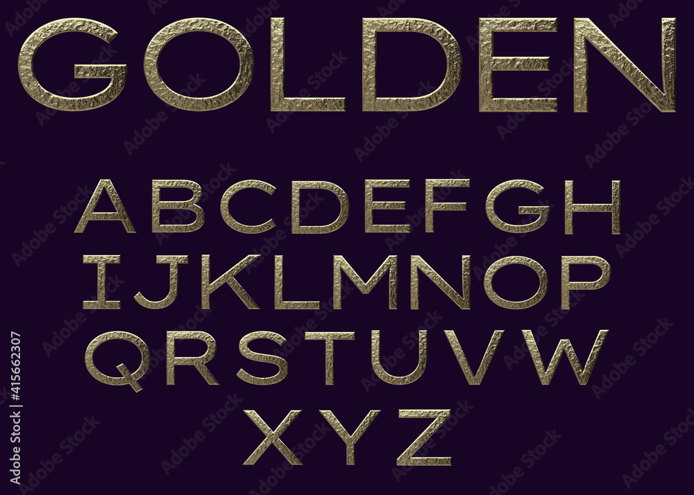Alphabet letter set with metallic gold texture, 3D rendering, golden font, premium uppercase typography for logos, cover, poster Alphabet letter set with metallic gold texture, 3D rendering, golden font, premium uppercase typography for logos, cover, poster