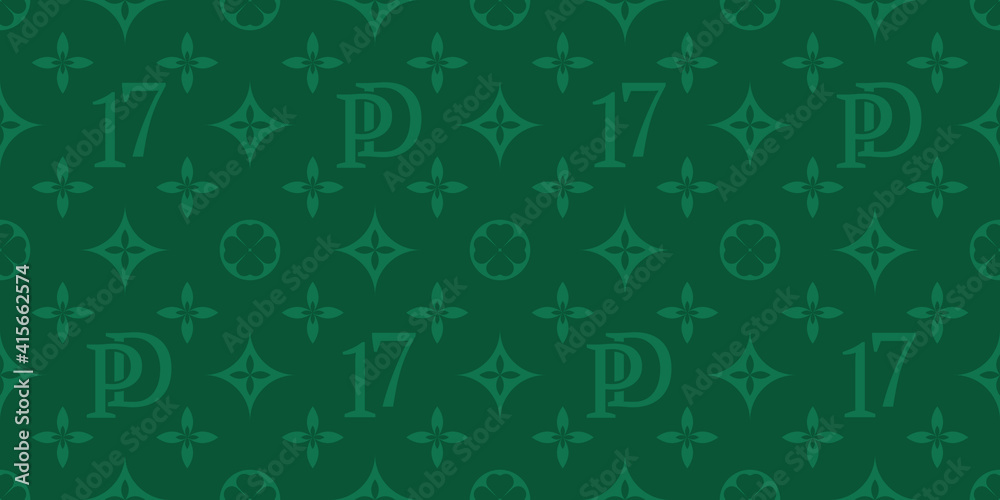 St. Patrick's Day vector seamless pattern, background from green four-leafed numbers 17, abbreviation PD. Vector illustration