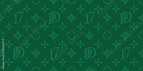 St. Patrick's Day vector seamless pattern, background from green four-leafed numbers 17, abbreviation PD. Vector illustration