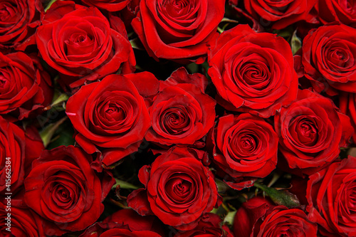 Beautiful bouquet of red roses, seen from above. Spring flowers. Wedding, women's day, mothers day and valentines day background. Selective shallow depth of field.