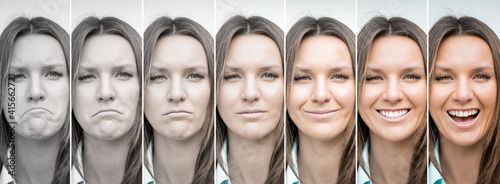 Woman emotions range from extremely sad to extremely happy. Sad and happy woman face. Young lady expressing different emotions. Mood disorders, bipolar disorder. Emotional contrast