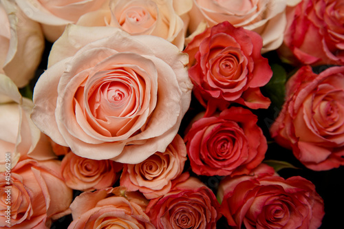 Beautiful white, red, tabby tea rose flowers in a vase, photographed from above on a black table. Spring flowers. Wedding, mother's day and valentines day background. Selective, small depth of field.