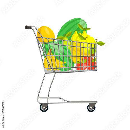 Vector isolated illustration with grocery cart containing fruits, berries. Watermelons, apples, pears, lemons, bananas, and melons are depicted here. Concept of organic, natural food.