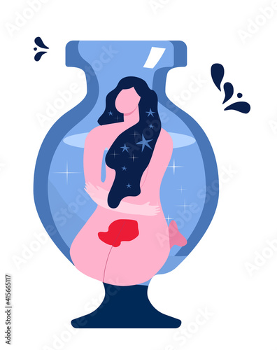 Young woman is bleeding in vase.Miscarriage,compelled abortion.Medical poster with fertility problem.Online Gynecology help for women. Cosmic hair with stars. Illustration. Negative pregnancy test