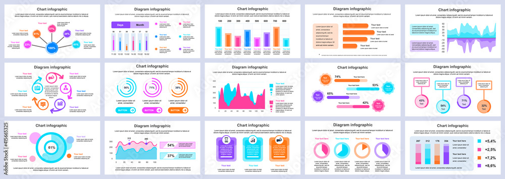 Bundle business and finance infographics presentation slides template. Different charts, diagrams, workflow, flowchart, timeline, schemes design template. Vector info graphic and infographics set.