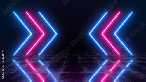 Abstract technology background with bright neon lights. Futuristic stage concept with glowing arrows and reflective floor. 3D illustration.
