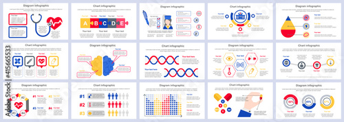 Bundle medical services infographics presentation slides template. Different charts, diagram, workflow, flowchart, healthcare icons, medicine design template. Vector info graphic and infographics set.