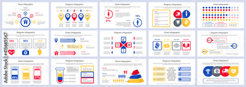 Bundle medical services infographics presentation slides template. Different charts, diagram, workflow, flowchart, healthcare icons, medicine design template. Vector info graphic and infographics set.