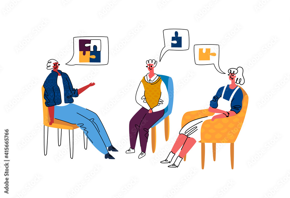 Vector flat illustration session group psychotherapy, working with couple, family. There is sign of assembled puzzle. Concept problem solving, communication, expressing emotions.