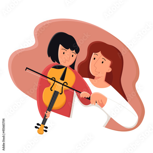 Vector cartoon illustration child who plays violin under supervision teacher. Concept teaching music, schools, studios, conservatories. You can use it in banners, landing pages, social networks, etc.
