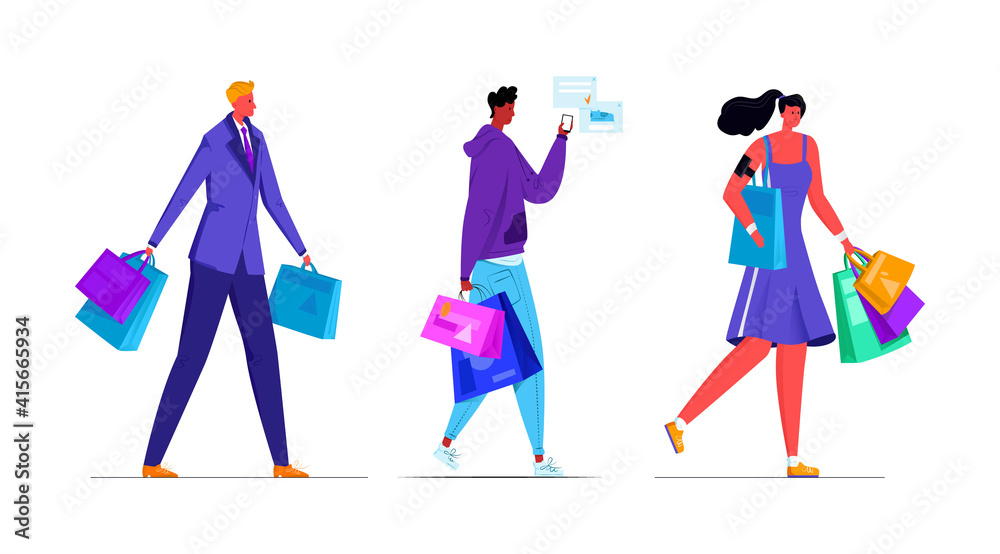 Vector illustration with set, collection of walking characters with packages, buyers, businessman, athlete, teenager. Concept shopping, stores. Vector illustration with set, collection of walking characters with packages, buyers, businessman, athlete, teenager. Concept shopping, stores.