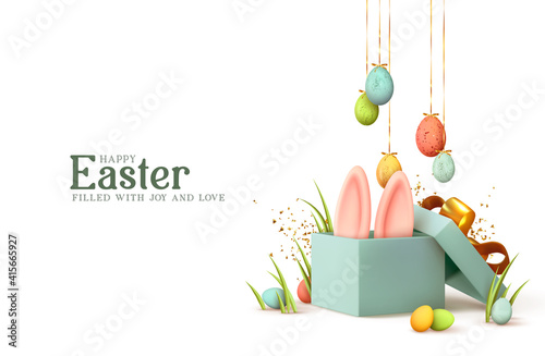 Easter day design. Realistic blue gifts boxes. Open gift box full of decorative festive object. Holiday banner, web poster, flyer, stylish brochure, greeting card, cover. Spring Easter background