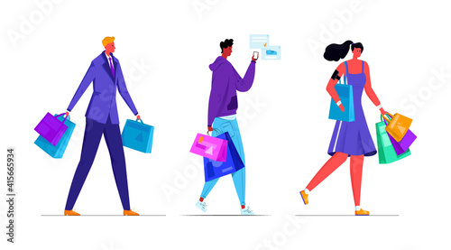 Vector illustration with set, collection of walking characters with packages, buyers, businessman, athlete, teenager. Concept shopping, stores.