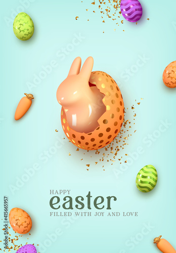 Happy Easter day. Festive background design with realistic colorful eggs, easter bunny, rabbit in an egg. Gold glitter confetti. Holiday Banner and web poster, flyer and brochure. Vector illustration