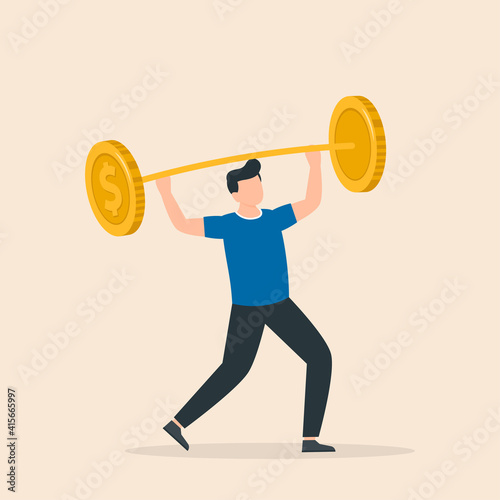 Man trying to lift barbell made of huge coins vector illustration.