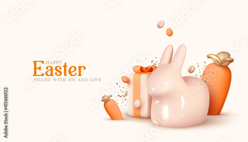 Happy Easter Holiday background. Festive design with realistic decoration elements 3d rabbit and gift box. Easter bunny and eggs. Banner, web poster, flyer cover, stylish brochure, greeting card.