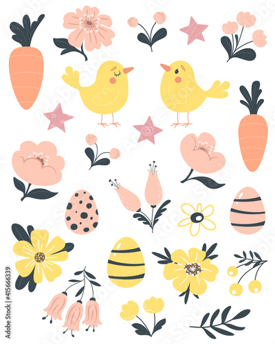 Easter, spring set with cute birds, flowers, eggs and carrots. Vector isolates on a white background.