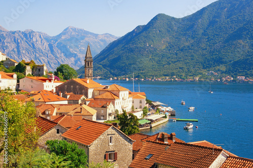 Beautiful Mediterranean landscape. Montenegro, Kotor Bay. View of ancient town of Perast on sunny summer day