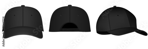 Black baseball cap. Realistic back, front and side view black baseball cap isolated on white background vector illustration. Design template, vector eps10 illustration.