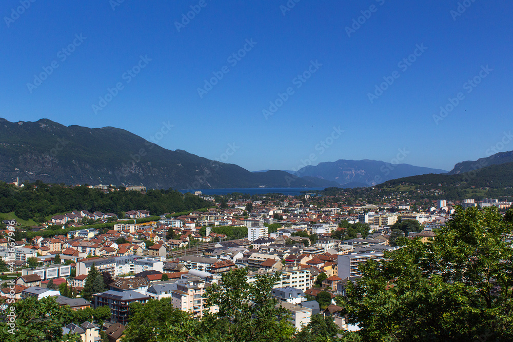 City view of Aix les bains town with alpes mountain Lac Bourget panoramic view Savoie region France Europe