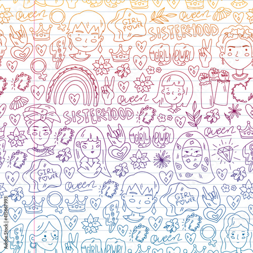 Woman international day 8 march. Girl Power. Feminism concept. Vector pattern. Sticker, patch graphic design.