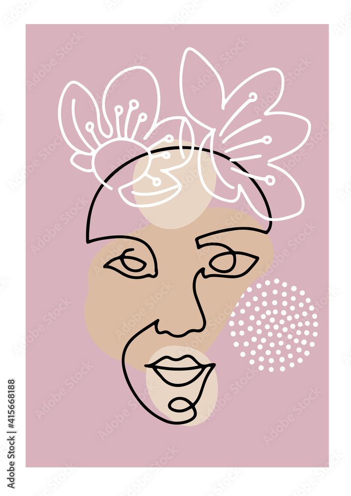 Line woman face portrait with spring flowers, creative freehand composition in contemporary abstract style with colorful geometric shapes. Linear illustration design for print, card, poster. Line woman face portrait with spring flowers, creative freehand composition in contemporary abstract style with colorful geometric shapes. Linear illustration design for print, card, poster.