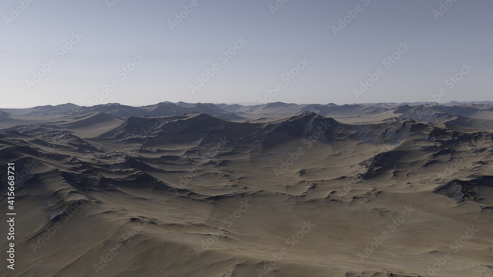 Obraz premium beautiful view from an exoplanet, a view from an alien planet, a computer-generated surface, a fantastic view of an unknown world, a fantasy world 3D render