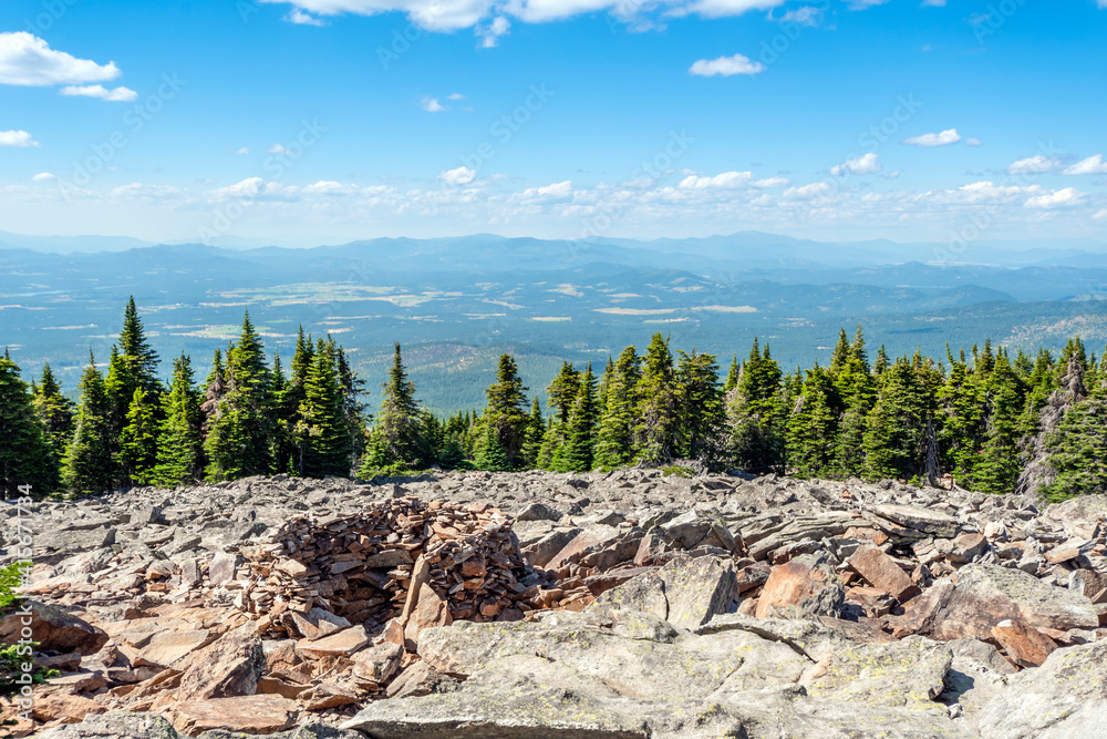 View of the Inland Northwest area of Washington State including Spokane from the top of Mount Spokane state park at summer.