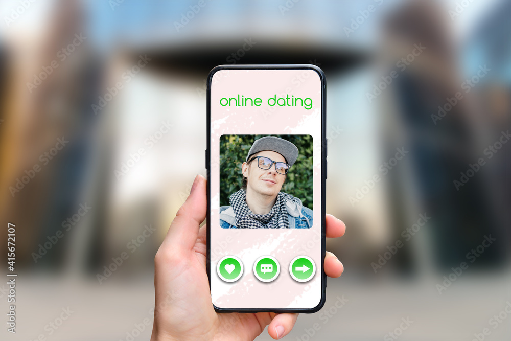 Concept of the interface of the online dating application on a smartphone with a Caucasian man.