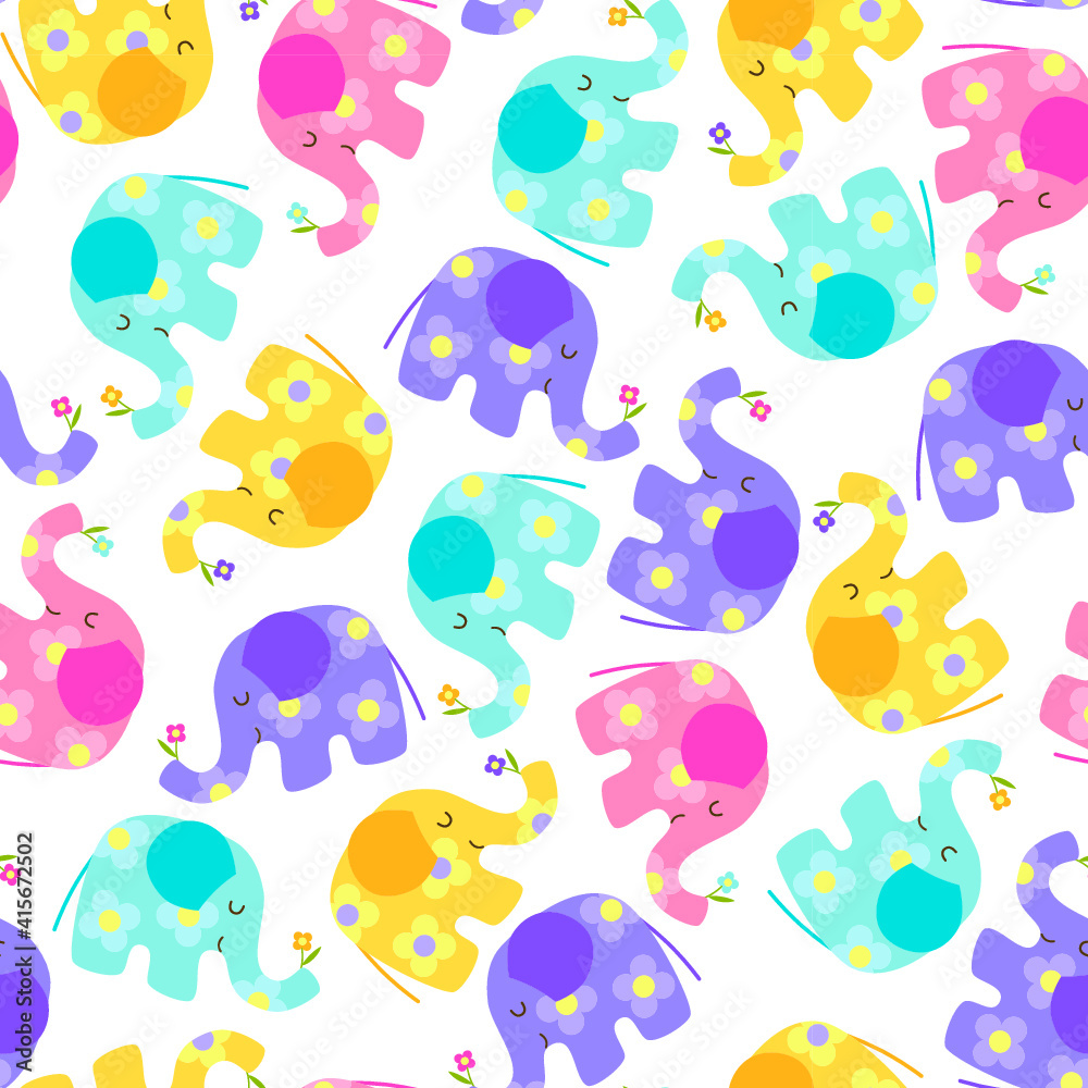 Seamless pattern of four cute characters cartoon kawaii elephants: pastel blue, yellow, lilac and pink with flower patterns on white background. Baby children colors. Flat vector illustration