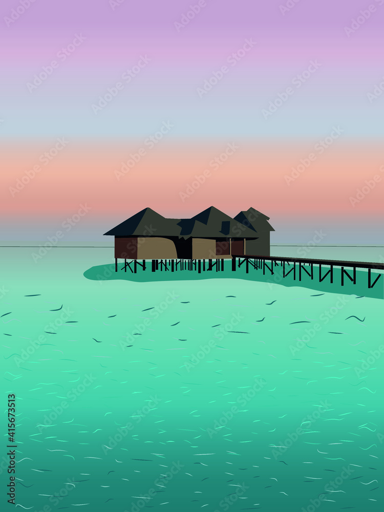 bungalow in the sea vector illustration