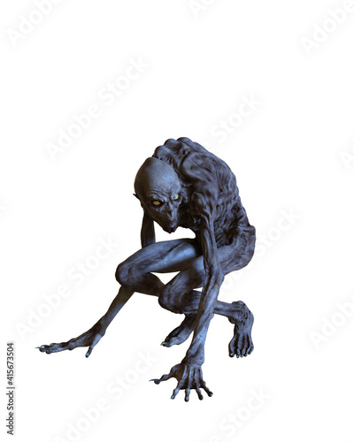 Boogeyman monster crouching 3D illustration isolated on white.