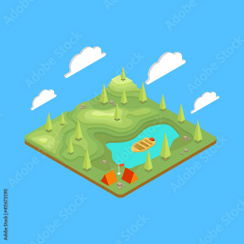 Isometric terrain with topography. Camping, hiking and travel outdoor. 
Mountains and plains. GPS map navigation. Isometric cartoon colorful vector illustration.