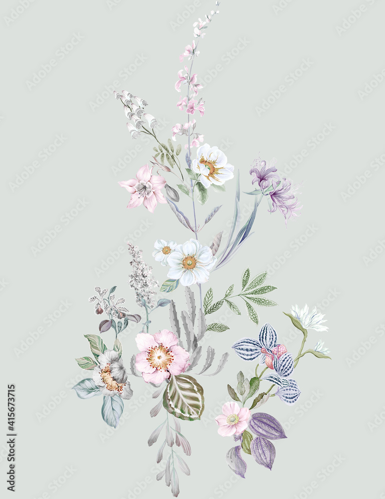 Flowers watercolor illustration.Manual composition.Big Set watercolor elements，Design for textile, wallpapers，Element for design,Greeting card