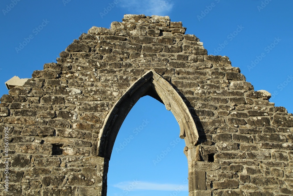 Close-up of remains of external wall and window arch of Creevelea Abbey, a 16th century Franciscan friary at Dromahair, County Leitrim, Ireland