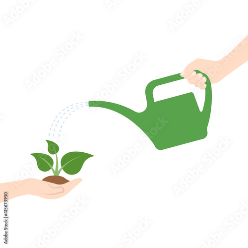 Hand holding handful of soil with growing young green sprout of plant and watering can in man hand. People care about nature concept. Flat design, isolated on white