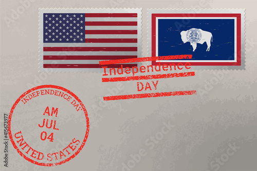 Postage stamp envelope with Wyoming and USA flag and 4-th July stamps, vector.