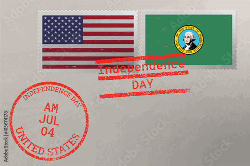 Postage stamp envelope with Washington and USA flag and 4-th July stamps, vector.