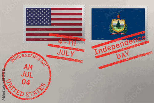 Postage stamp envelope with Vermont and USA flag and 4-th July stamps, vector.