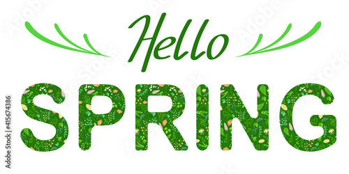 Simple vector background. Hello spring text phrase.