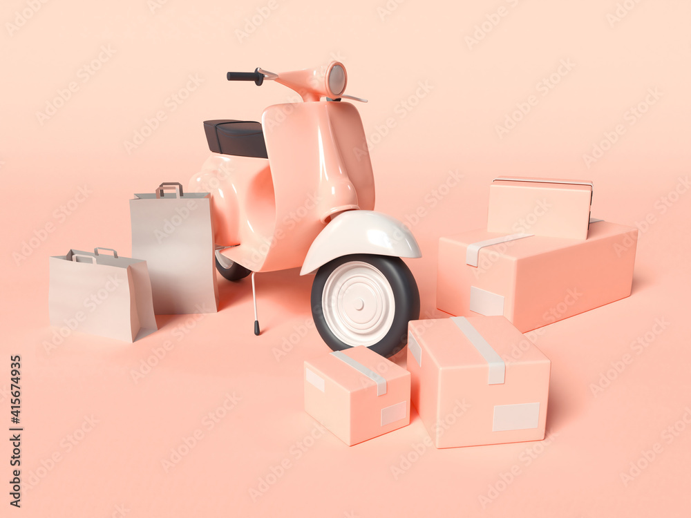 3D Illustration. Delivery scooter with boxes and paper bags. 3D Illustration. Delivery scooter with boxes and paper bags.