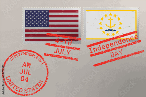 Postage stamp envelope with Rhode Island and USA flag and 4-th July stamps, vector.