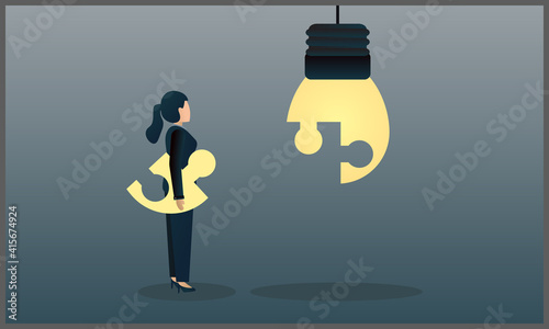 vector illustration of business woman carrying the final puzzle pieces, symbol of inspiration, creative thinking. Eps 10