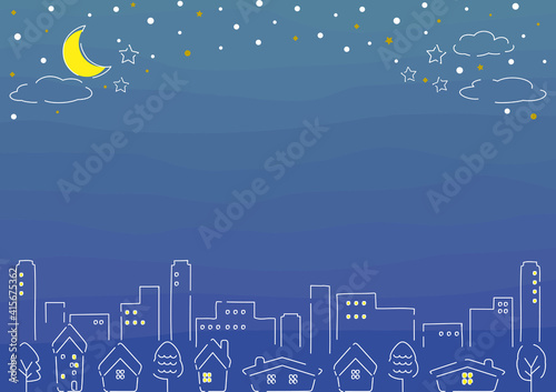 シンプルな手書きの夜の街並み　夜景と星空