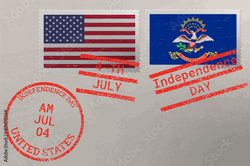 Postage stamp envelope with North Dakota and USA flag and 4-th July stamps, vector.